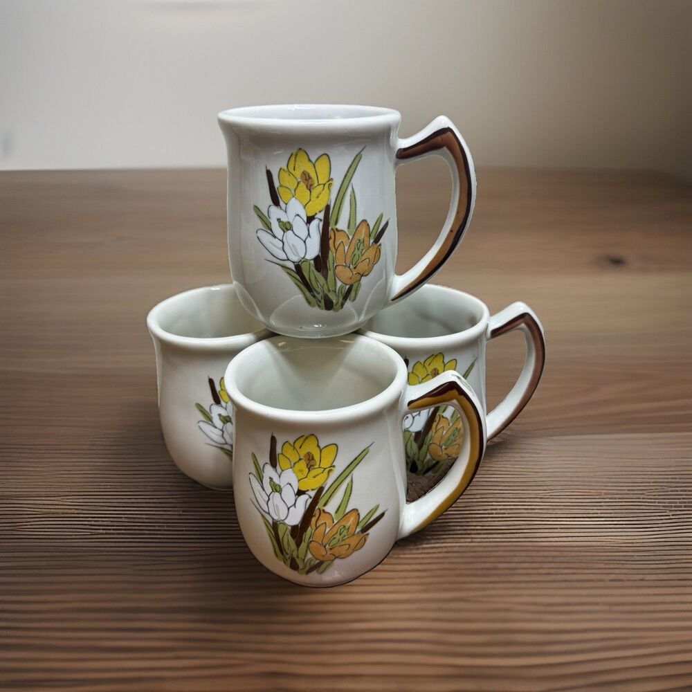Vintage California Pottery Crocus Coffee Mugs Set 4 MCM Floral Stoneware Cottage